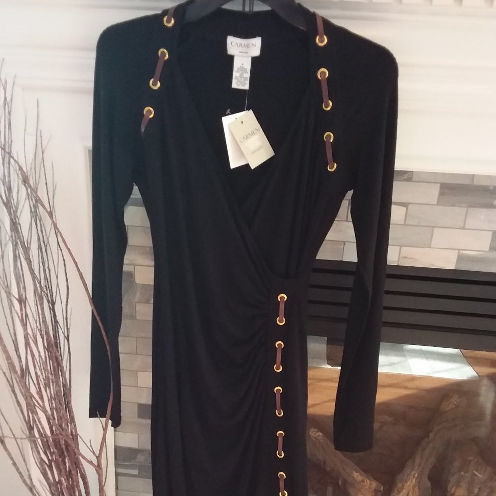 Carmen Marc Valvo Black Dress wfaux leather detail